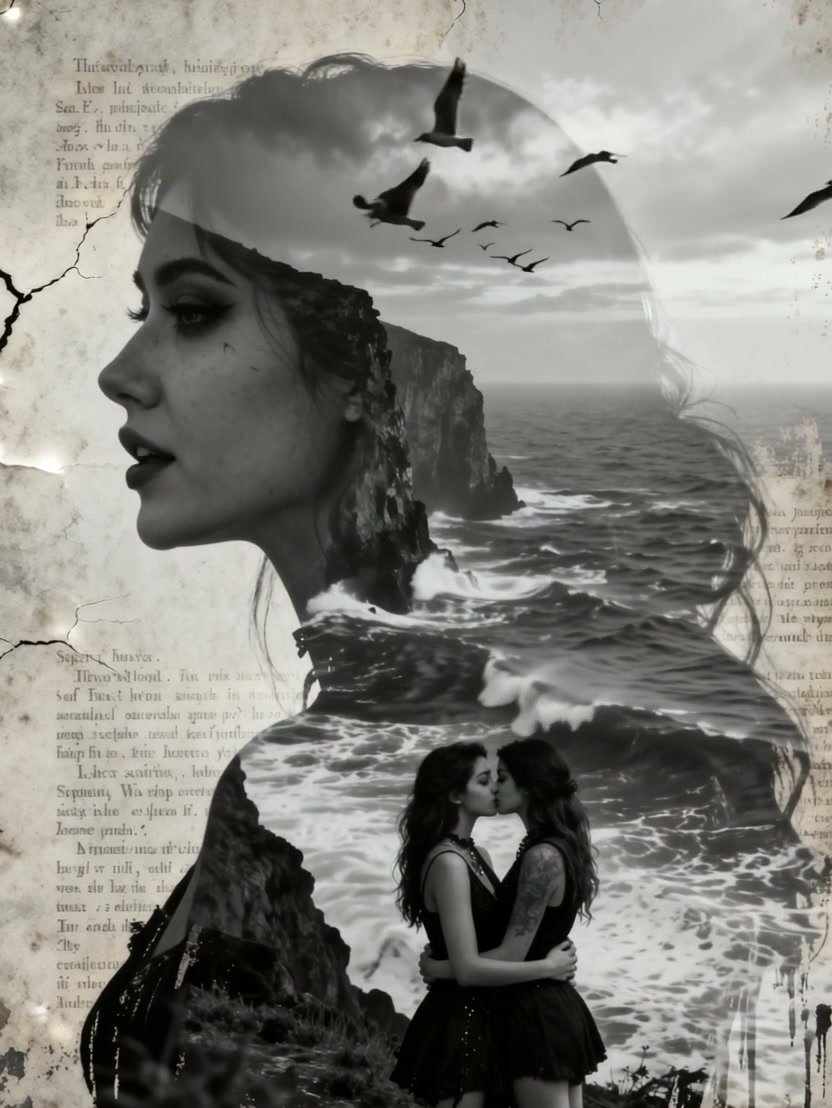 Surreal double exposure art: woman's profile overlays stormy ocean cliffs, kissing couple, seagul...