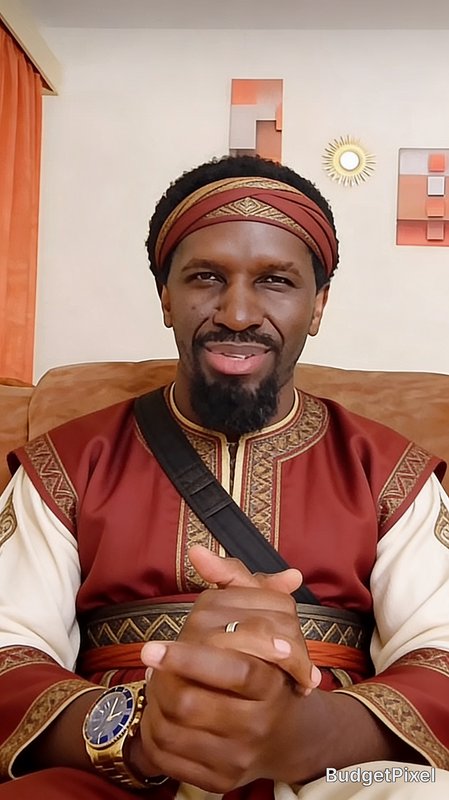 Man wearing traditional maroon-gold attire with headband, seated with hands clasped.