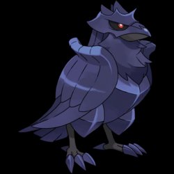 Stylized dark blue armored bird with red eye and plated chest and wings.