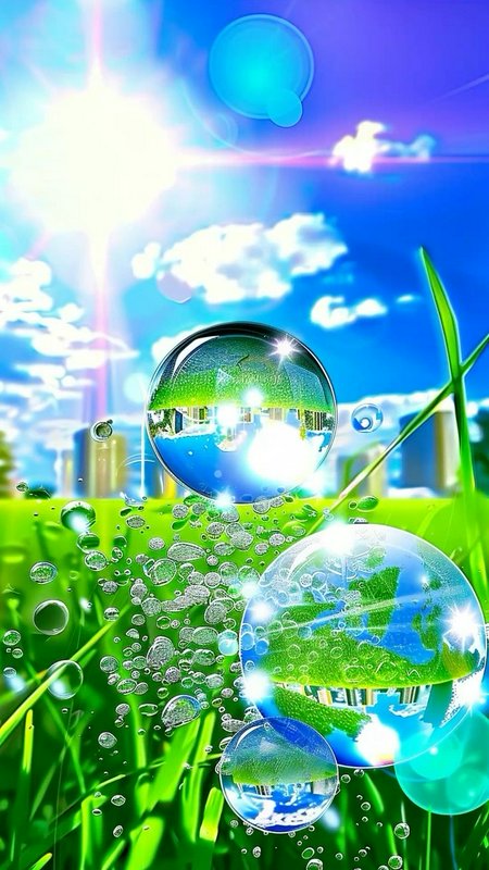 Vivid eco-scene with glass spheres reflecting sky, sun, and city amidst green grass and bubbles