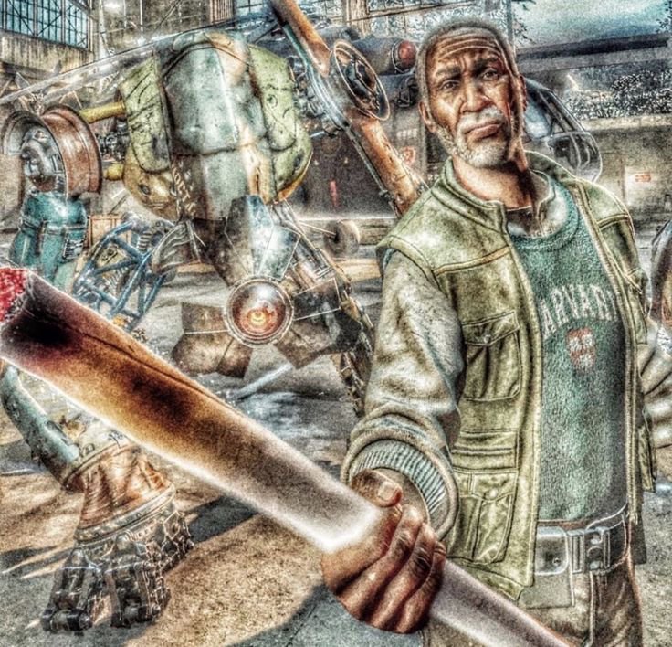 Elderly post-apocalyptic wasteland survivor offers a melee weapon, with a rusted combat robot in ...