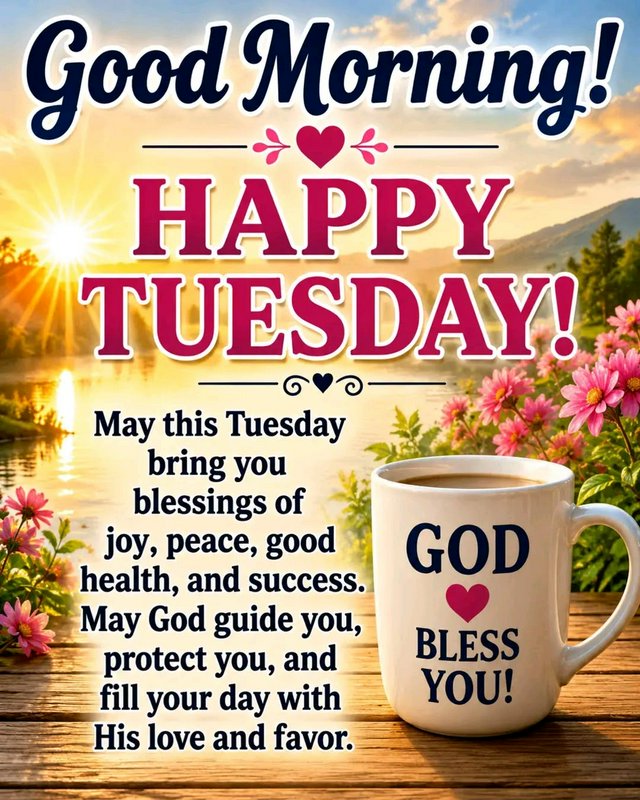 Happy Tuesday good morning blessing graphic with sunrise, coffee mug, and encouraging Christian d...
