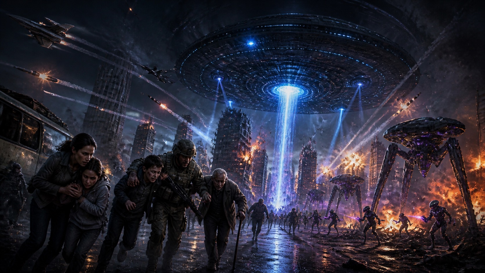 Dark futuristic city under alien invasion with a bright blue beam from a flying saucer, people fleeing.