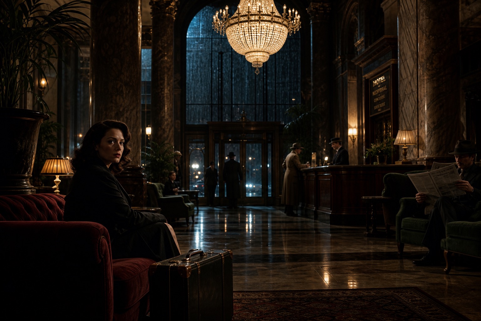 Moody hotel lobby with a seated woman and vintage luggage under a grand chandelier.