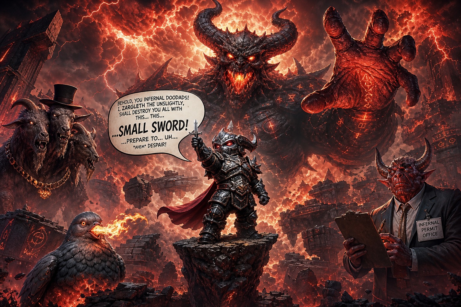Dark fantasy battle scene with armored knight confronting a colossal demon amid a fiery lava-filled hellscape.