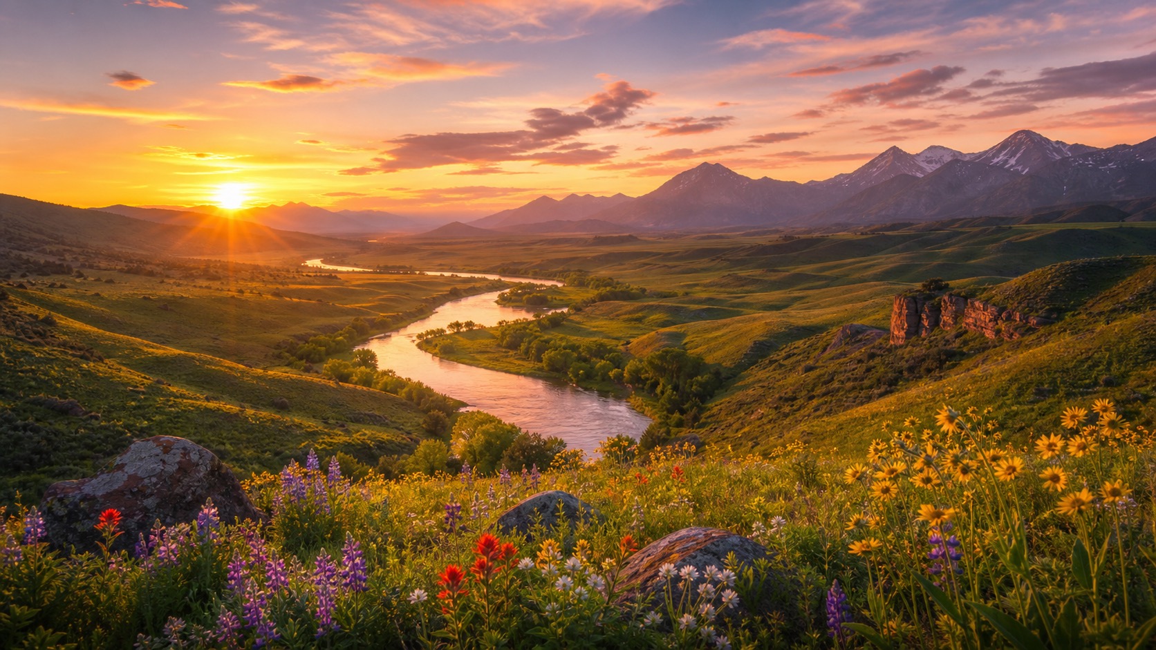Sunset over a winding river through a green valley with wildflowers and distant mountains.