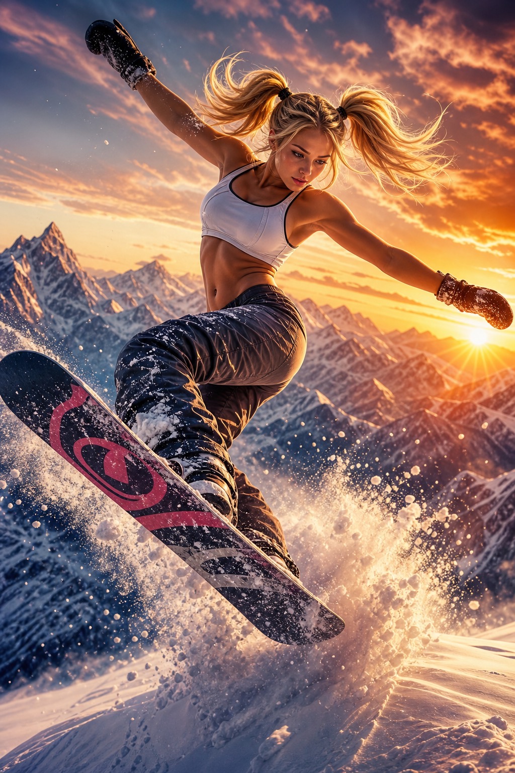 Female snowboarder mid-jump on powdery snow with alpine mountains and sunset in the background.