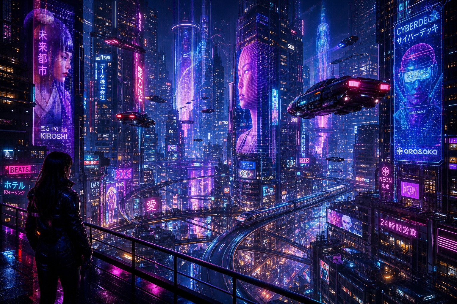 Futuristic neon cityscape viewed from a balcony with holographic ads and hover cars.
