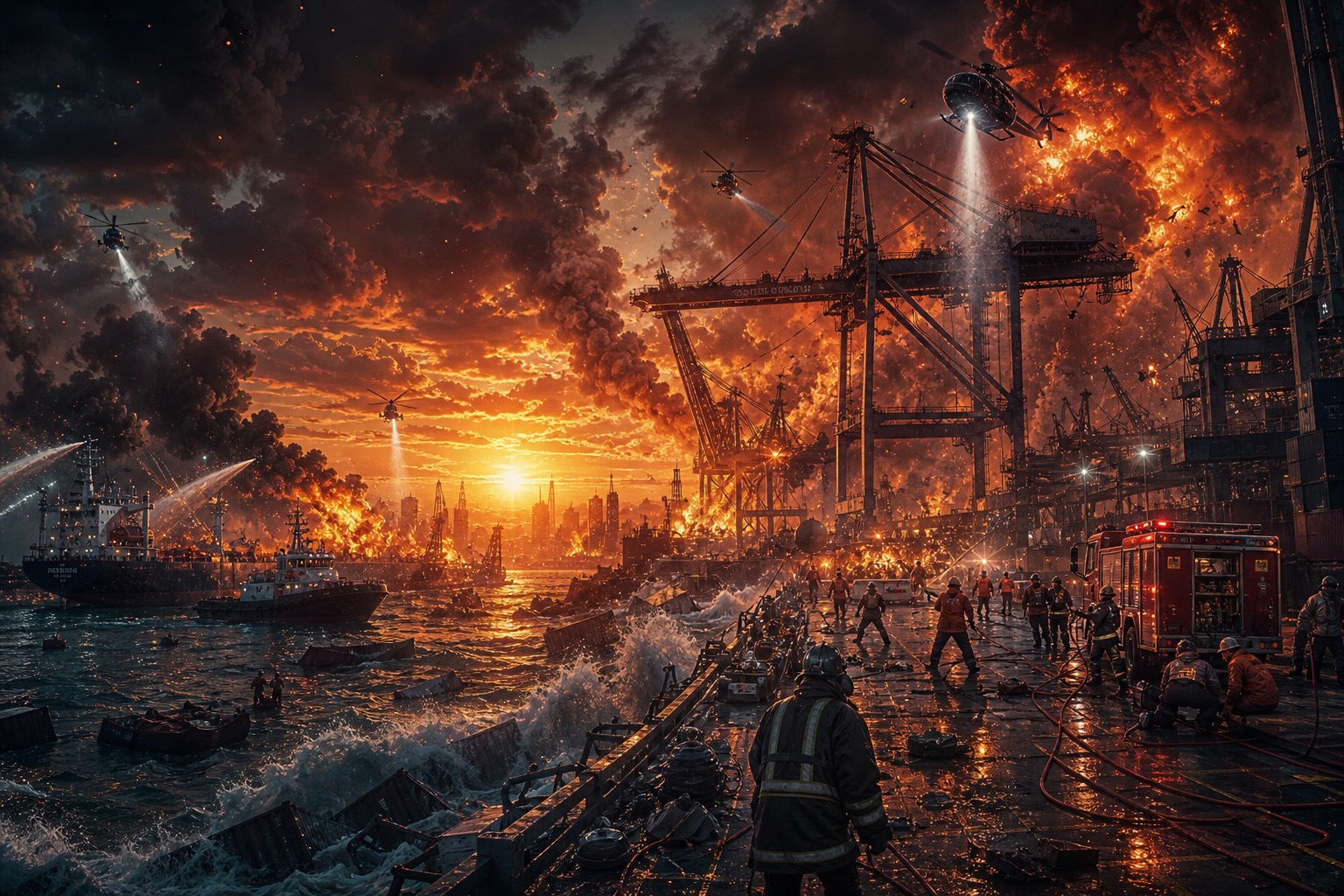 A fiery port scene with cranes, ships, and firefighters battling massive flames at sunset.