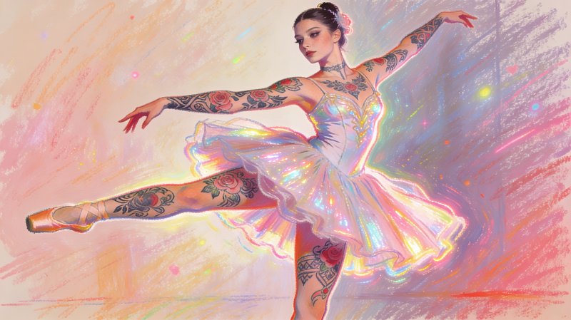 Tattooed ballerina in an iridescent tutu performing a grand battement with a luminous pastel back...