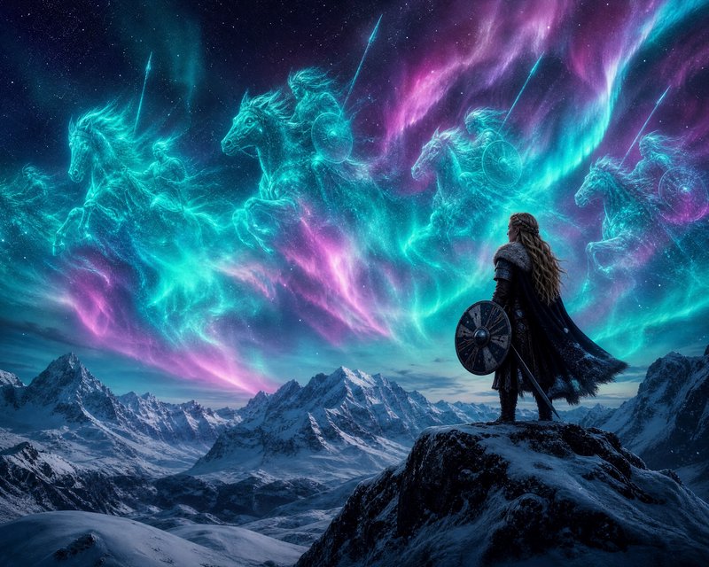 Warrior on a snowy peak watches aurora and spectral horse riders carved in the night sky.
