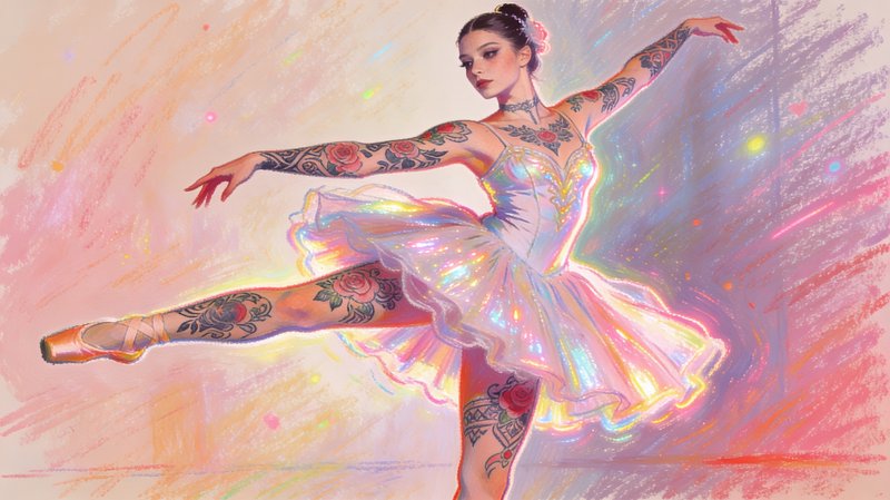 Tattooed ballerina in an iridescent tutu performing a grand arabesque.