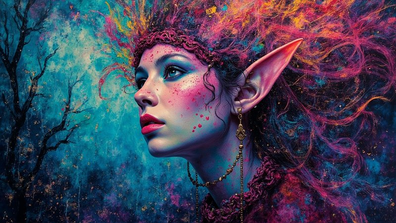 Fantasy elf woman with vibrant makeup and colorful hair against a blue forest backdrop.