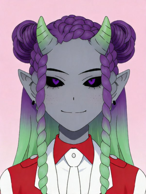 Anime-style demon girl with purple braided hair, gradient green tips, gray skin, and horns on a p...