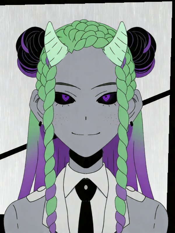 Anime-style character with green braided hair, purple tips, pale gray skin, and purple eyes.