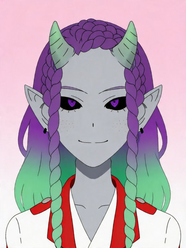 Anime demon girl with purple gradient braids, gray skin, horns, and red-collared white outfit on ...