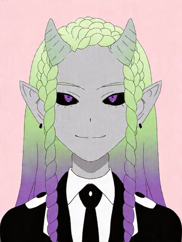 Anime-style gray-skinned elf with pastel braided hair and purple eyes in a black suit on a pink b...