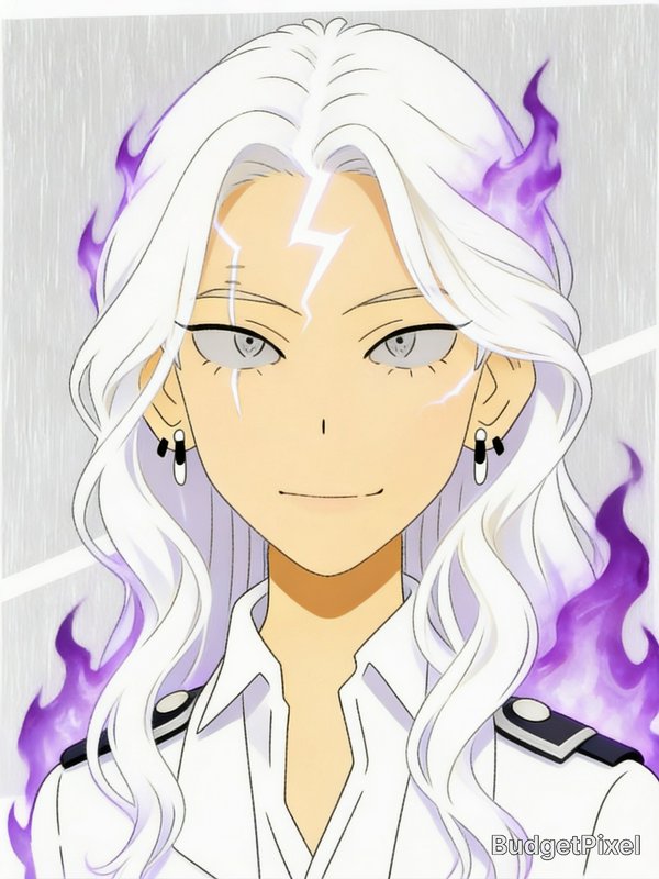 Closeup anime portrait of a white-haired character with lightning face markings and purple flame ...