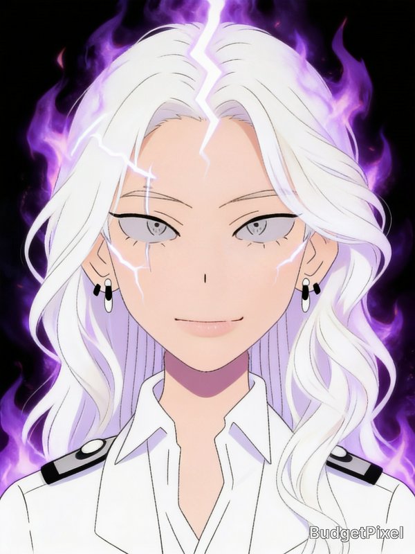 Anime headshot of long wavy white-haired character surrounded by purple flame aura and glowing li...