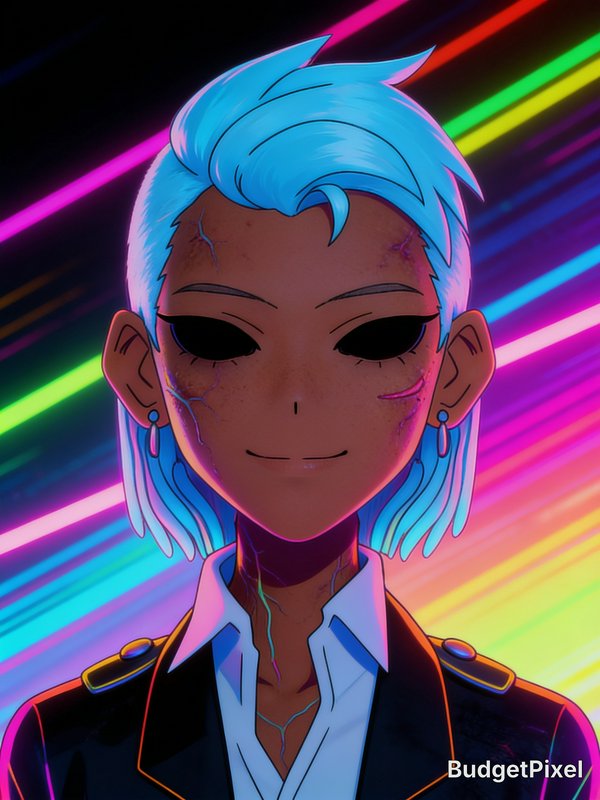 Stylized anime portrait of a scarred blue-haired character with hollow black eyes against a rainb...