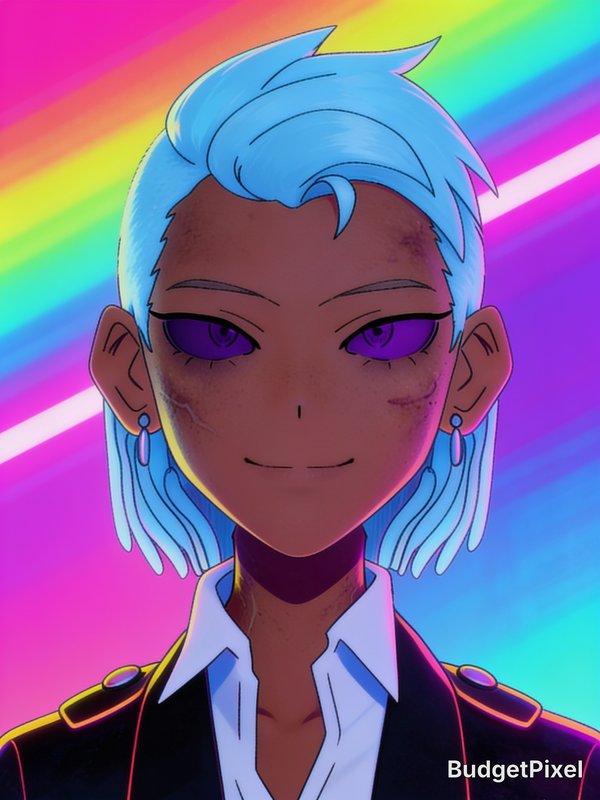 Closeup anime portrait of a dark-skinned character with light blue hair and purple eyes, against ...