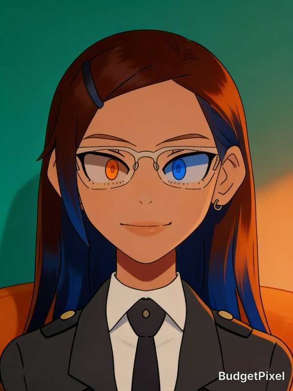 Anime bust portrait of a woman with heterochromia, rimless glasses, gradient hair, and formal uni...