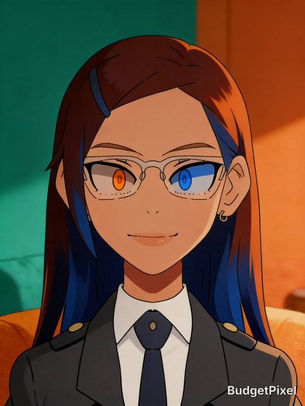 Bust portrait of a confident anime woman with heterochromia, rimmed glasses, two-tone hair, and f...