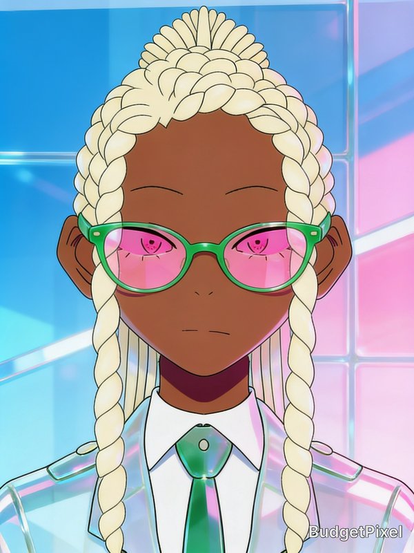 Close-up anime portrait of a stoic dark-skinned character with platinum blonde braids and green p...