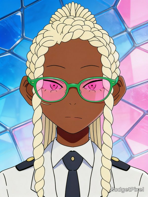 Anime portrait of stoic dark-skinned character with platinum braids, green pink-tinted glasses, u...