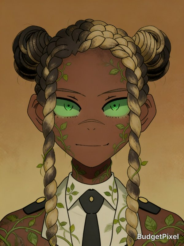 Stylized anime portrait of a dark-skinned character with glowing green eyes, braided hair buns, a...