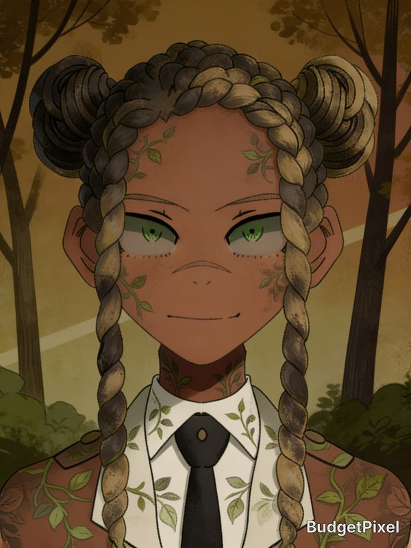 Anime style portrait of a nature-themed fantasy character with ombre braids, green vine markings,...