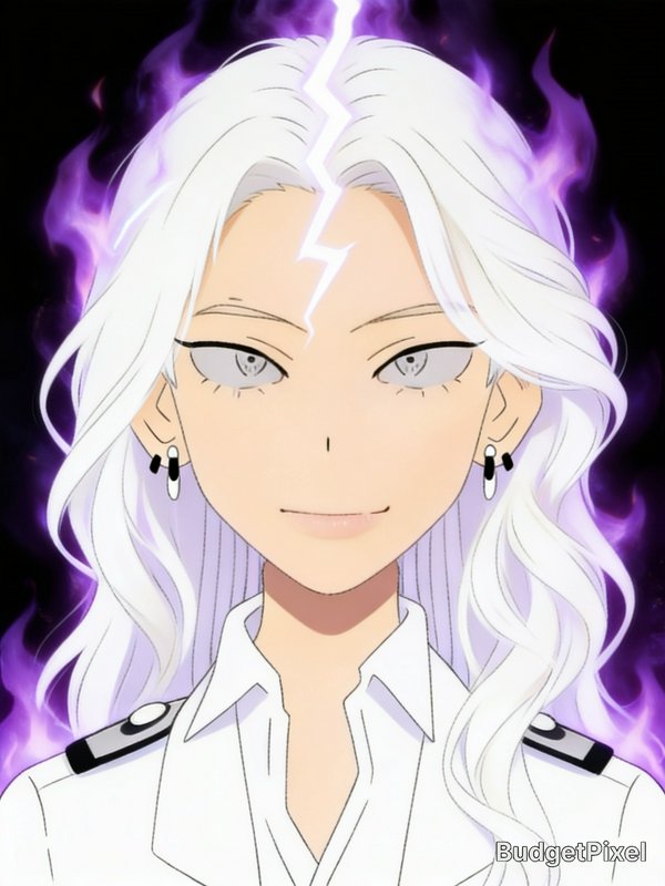 Anime bust portrait of a white-haired character with a glowing lightning forehead mark and swirli...