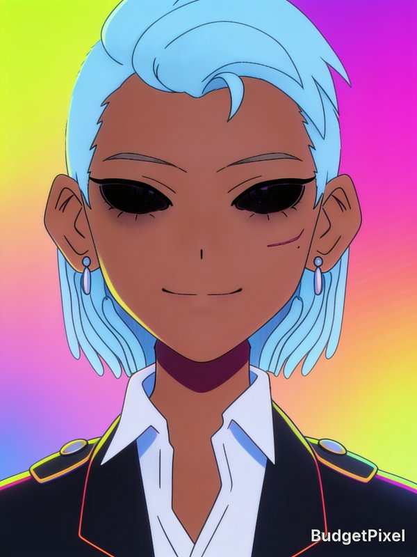 Close-up anime portrait of a dark-skinned character with pale blue hair, solid dark eyes, and a u...