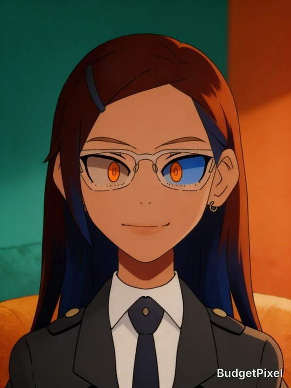 Close-up anime portrait of a confident bespectacled woman in uniform, with long gradient hair and...