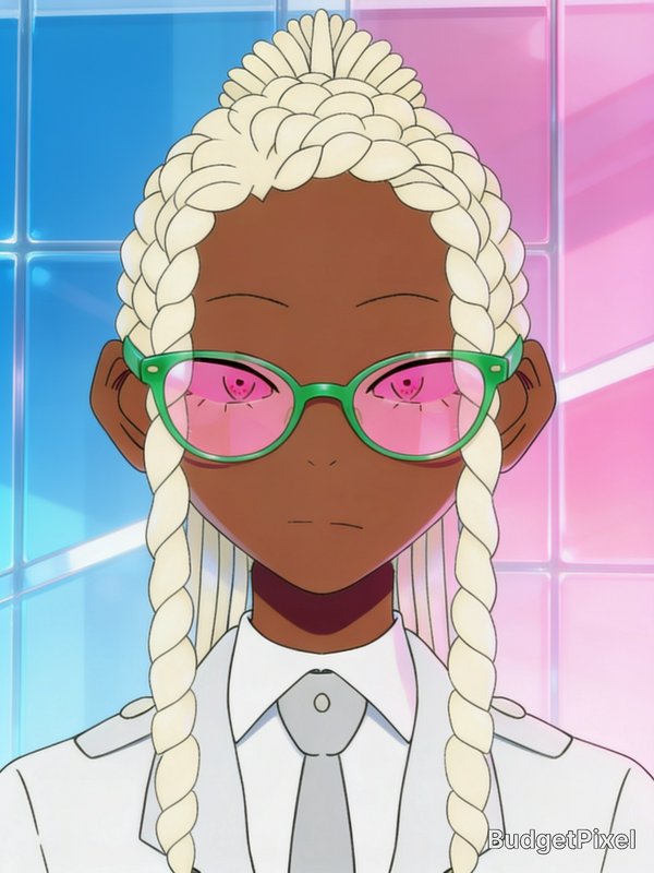 Anime bust portrait of a dark-skinned character with platinum braids, green pink-tinted glasses, ...