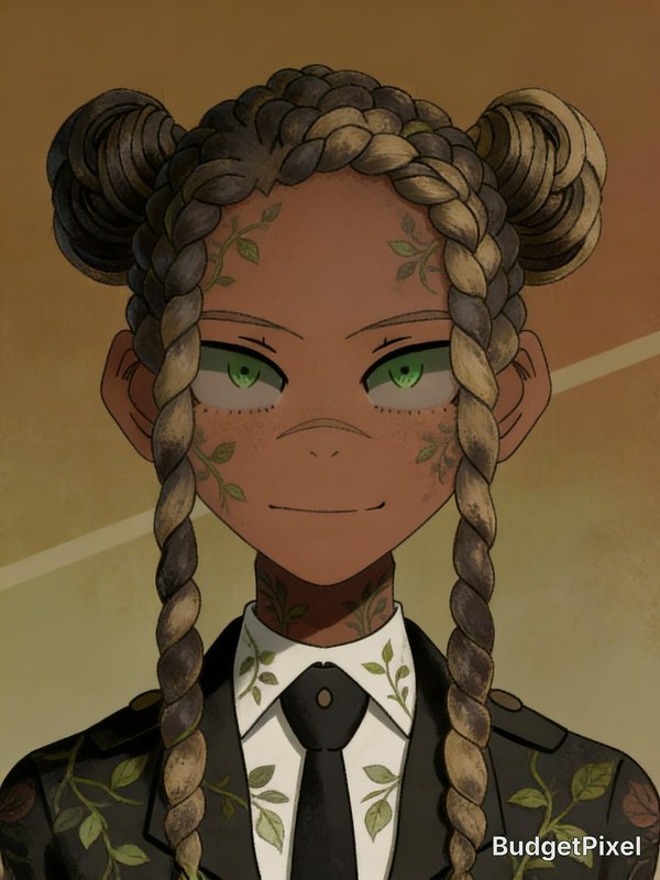 Anime style portrait of a dark-skinned fantasy character with braided double buns, green eyes, vi...