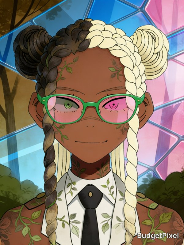 Anime portrait of a dark-skinned character with split braided hair, green glasses, vine markings,...