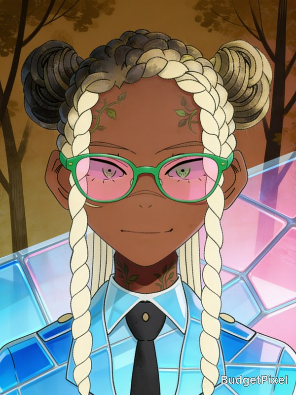 Anime portrait of a Black girl with ombre box braids, green pink-tinted glasses, vine face tattoo...