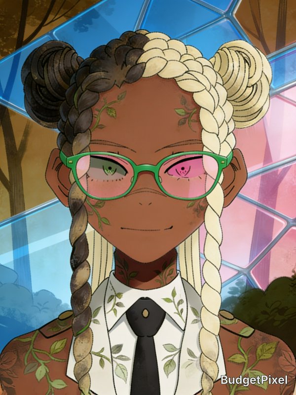 Close-up anime portrait of dark-skinned character with split braided hair, green glasses, delicat...
