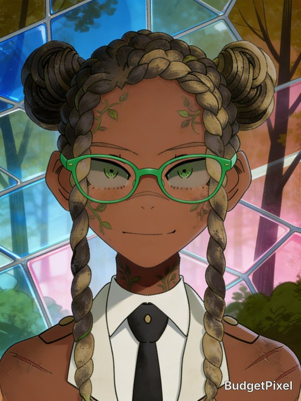 Anime bust portrait of a dark-skinned young woman with braided space buns, green glasses, and vin...