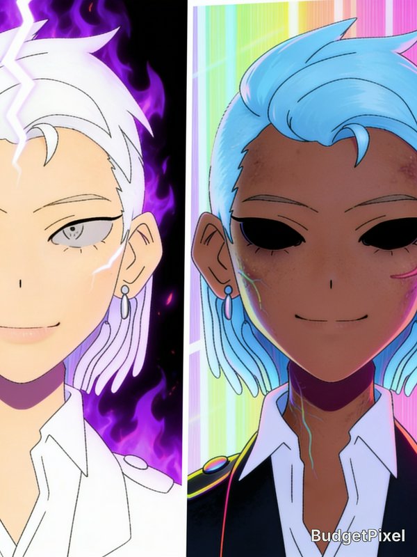 Split vertical panel showing two alternate design variants of the same smug anime male character,...