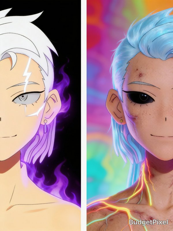 Side-by-side comparison of 2D anime illustration next to stylized 3D render of the same lightning...