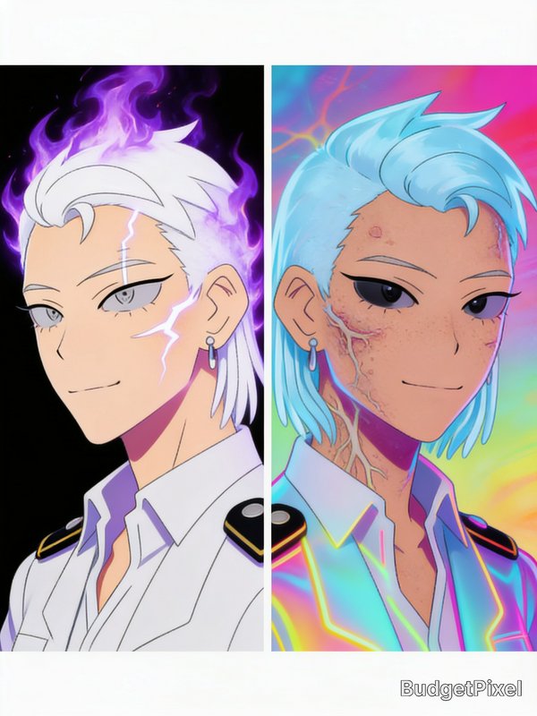 Side-by-side split anime bust portraits comparing two alternate supernatural versions of the same...