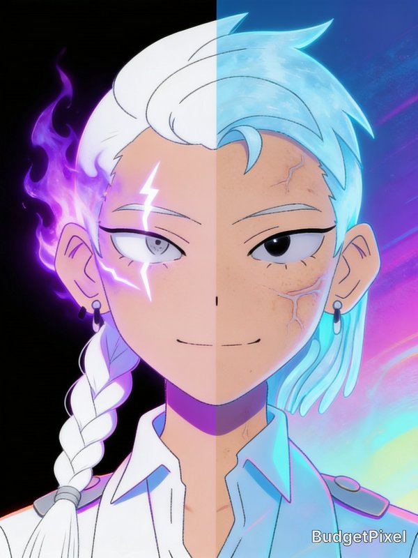 Split vertical anime character portrait, left with purple lightning magic, right with icy blue sc...