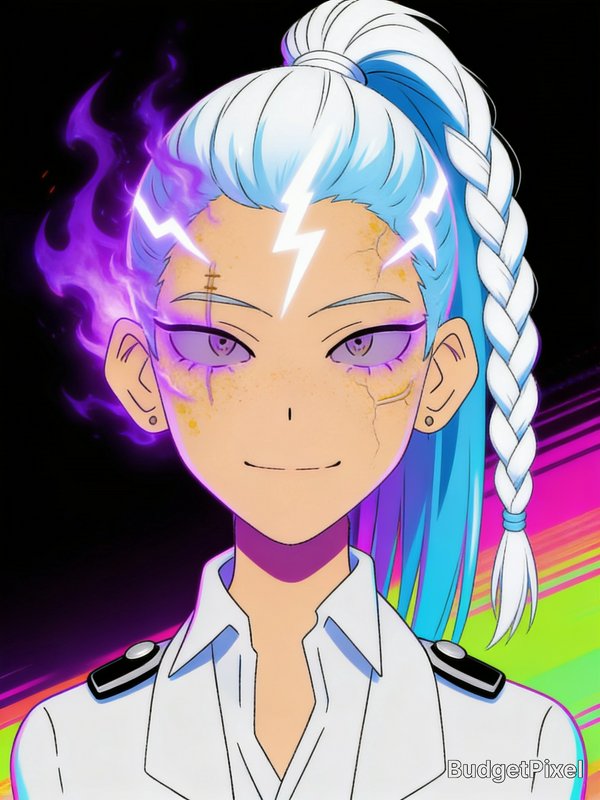Anime closeup portrait of a character with glowing lightning marks, purple magic fire, gradient b...