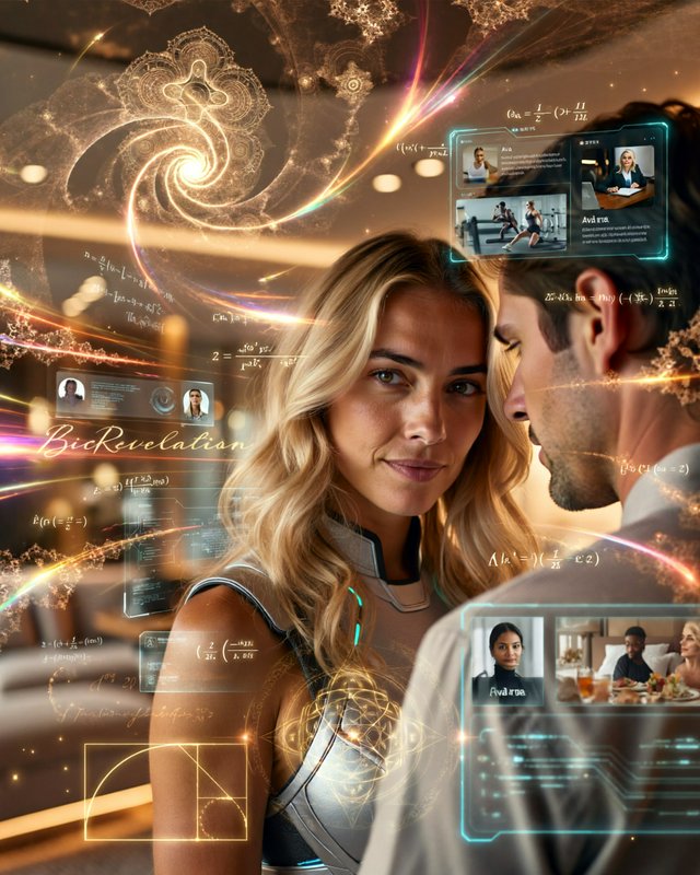 Couple in a futuristic setting with holographic screens and swirling light patterns.
