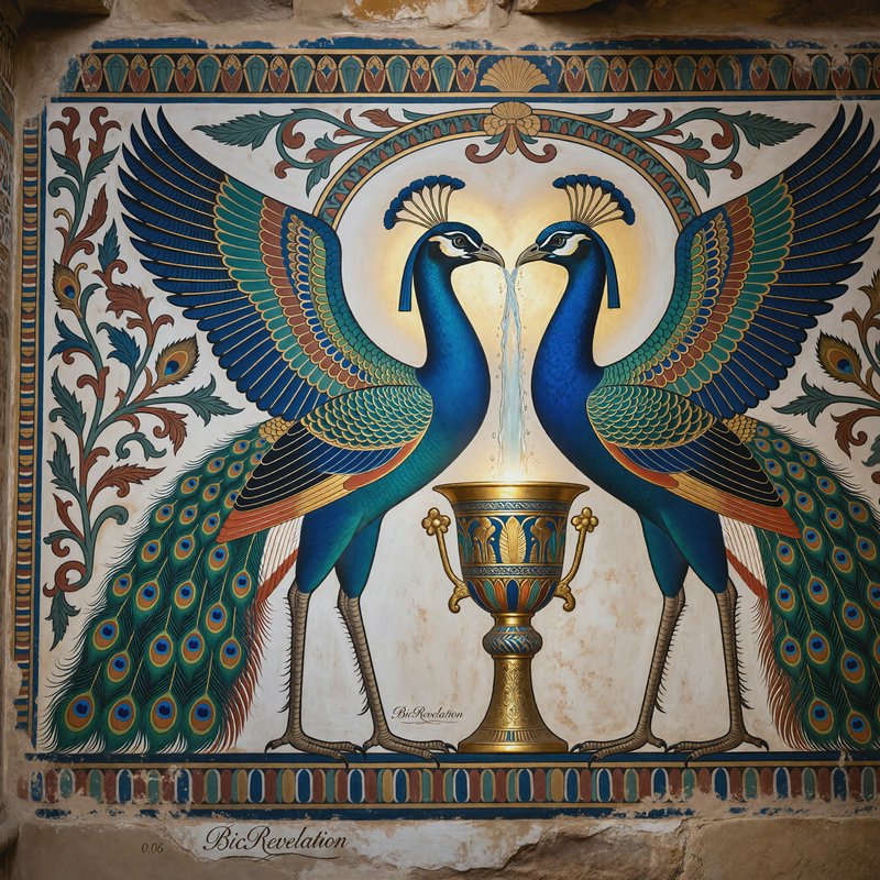 Two blue peacocks facing each other with a golden fountain between, ornate symmetrical mural