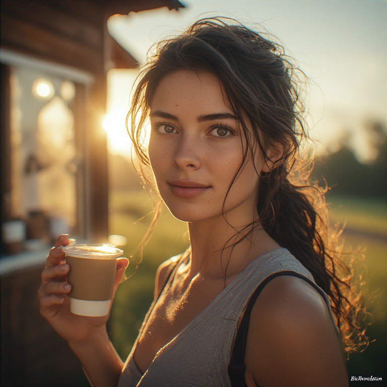 Young woman holding a takeaway coffee cup outdoors at sunset.