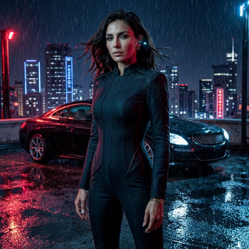 Woman in a sleek black tactical jumpsuit standing in the rain at night with neon city lights and a car behind her