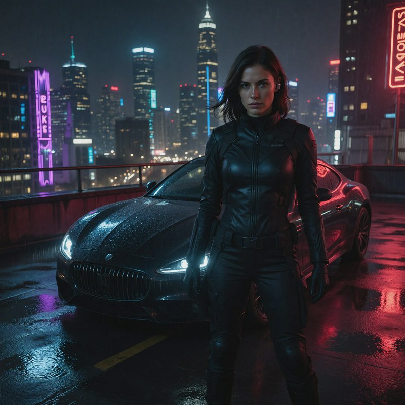 Woman in black leather suit stands in the rain beside a sleek BMW on a neon-lit rooftop at night.